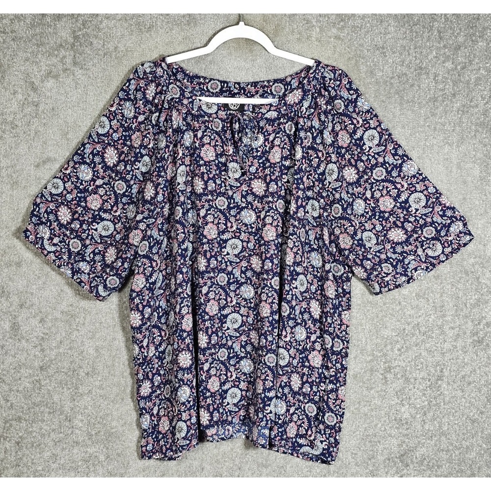 Bobeau Top Womens Size 2X Blue Pink Floral‎ Keyhole Front Tie Neck Short Sleeve